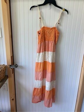 envy me Orange Smocked tiered patchwork cotton Maxi Dress with Braided Straps